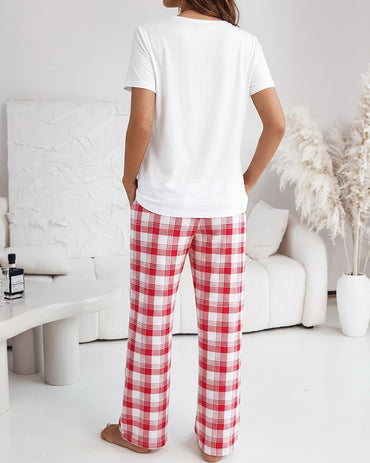 2 Pieces Outfit Cherry & Bowknot Print Short Sleeve Top and Plaid Print Elastic Waist Pants Set Casual Pajamas Set