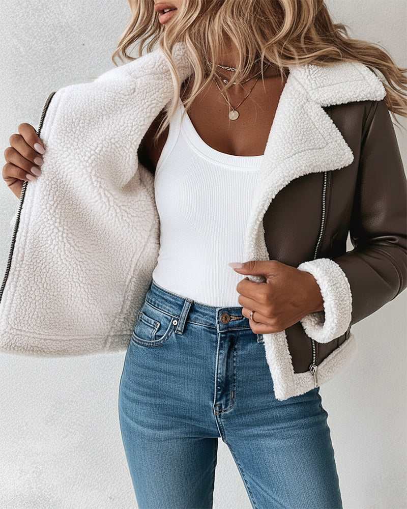 PU Leather Notched Collar Zip Up Vintage Thermal Lined Biker Jacket Faux Shearling Trim Crop Coat