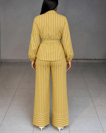 Women's Striped Two Piece Outfit Long Sleeve Shirt and High Waisted Straight Leg Pants Set with Belt Elegant Business Suits