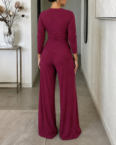 Women's 2 Piece Ribbed Knit Set Gold Buckle Asymmetric Long Sleeve Draped Top and Wide Leg Pants Set