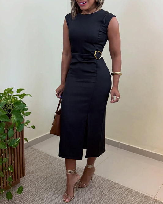 Women's Sleeveless Midi Dress Gold Buckle Ruched Front Slit Bodycon Dress
