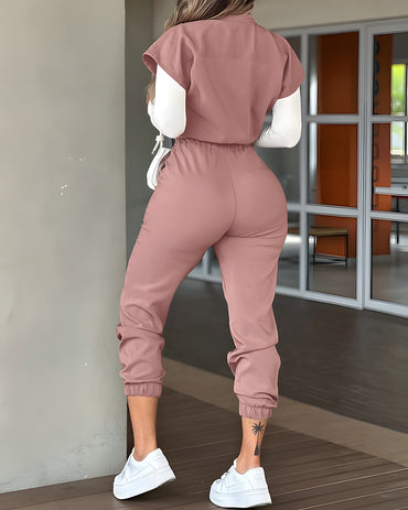 Women's Short Sleeve Zipper Front Jumpsuit Stand Collar Elastic Waist Jogger Jumpsuit with Pockets
