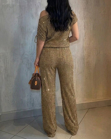 Costume de salon deux pièces en strass pour femmes, ensemble haut à col incliné et pantalon à jambes larges, tenue de banlieue élégante avec poches