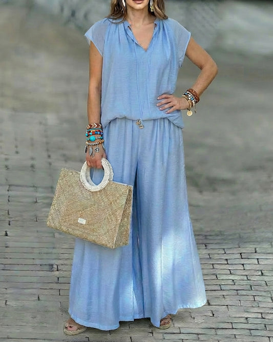 2 Pieces Outfit Notch Neck Tied Detail Short Sleeve Top and Drawstring Elastic Waist Wide Leg Pants Set Casual Breathable Loose Fit Set