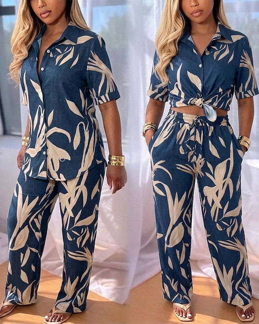 Women's 2 Piece Tropical Leaf Print Set Short Sleeve Button Down Shirt and Wide Leg Pants Vacation Outfits with Pockets