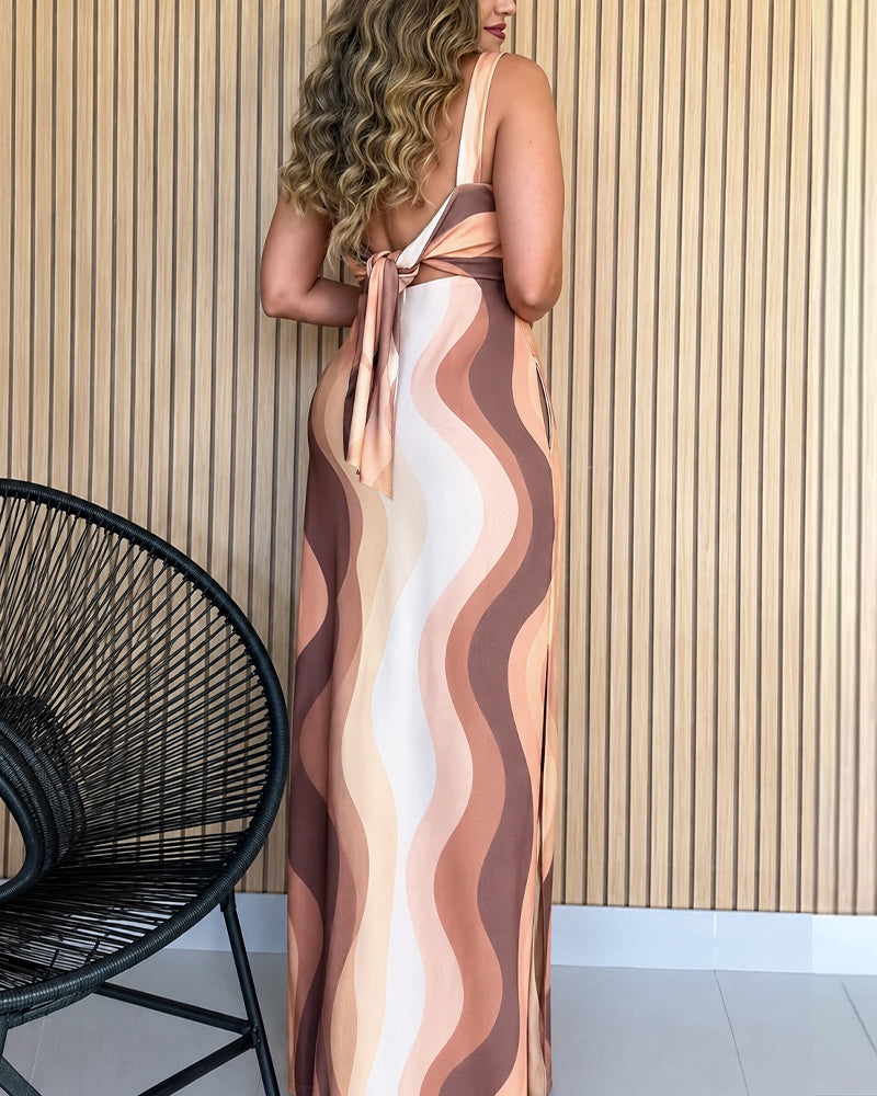 Women's Abstract Print Maxi Dress Elegant Square Neck Backless Tie Vacation Dress Side Slit Beach Sundress with Pockets