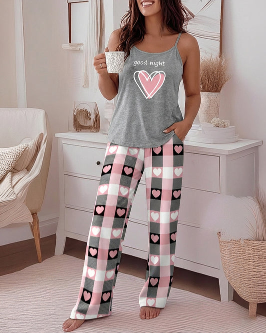 2 Pieces Outfit Heart & Good Night Slogan Print U-Neck Adjustable Spaghetti Straps Cami Top and Plaid & Heart Print Elastic Waist Wide Leg Pants Set Casual Pajamas Set