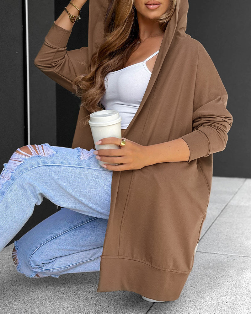 Women's Hooded Open Front Casual Loose Mid-Length Coat with Pockets
