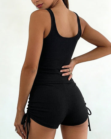 Women's 2-Piece Ribbed Set U-Neck Snap Button Tank Top and High-Waisted Drawstring Shorts Set Slim Fit Loungewear