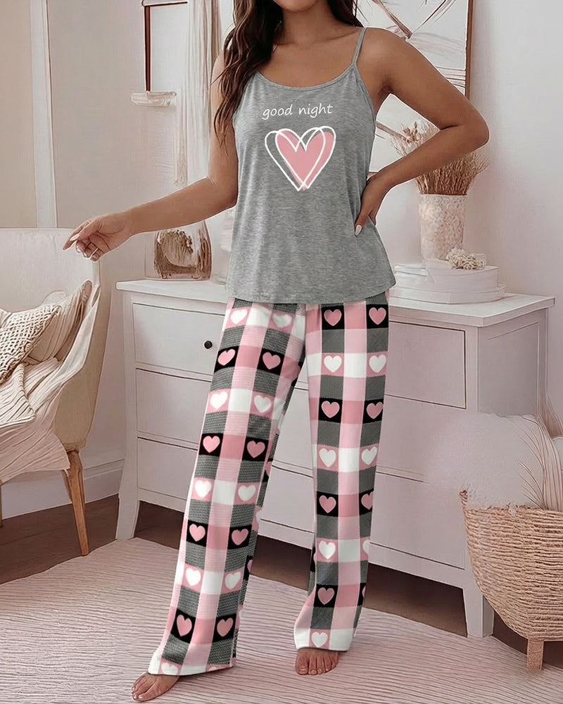 2 Pieces Outfit Heart & Good Night Slogan Print U-Neck Adjustable Spaghetti Straps Cami Top and Plaid & Heart Print Elastic Waist Wide Leg Pants Set Casual Pajamas Set