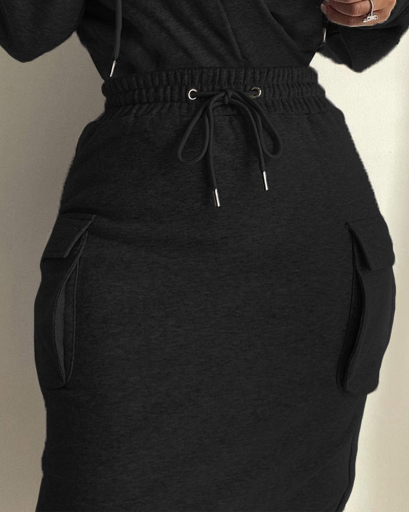 Overlap V Neck Drop Shoulder Cinched Waist Drawstring Hoodie Dress Casual Flap Cargo Pockets Design Drawstring Elastic Waist Midi Dress