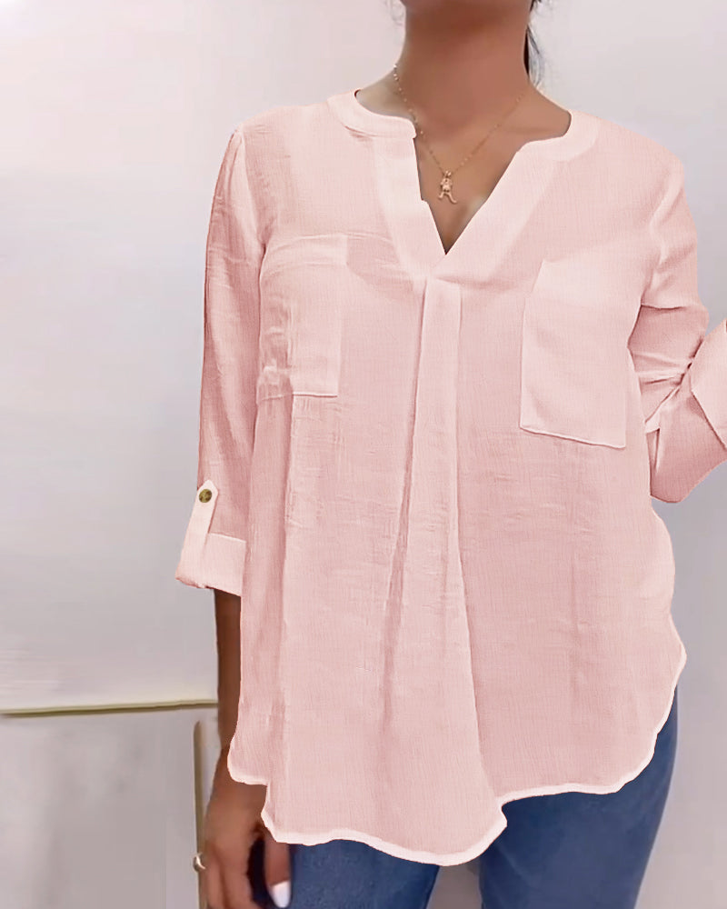 V-Neck Roll Up Sleeve Back Button Blouse Casual Top with Pocket