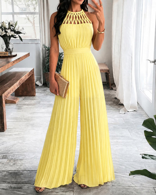 Women's Halter Tie Cutout Pleated Jumpsuit High Waist Shirred Wide Leg Overalls