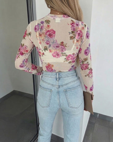 Women's Floral Print Sheer Mesh Top Long Sleeve Slim Fit Crewneck Layering Top with Thumb Hole Cuffs