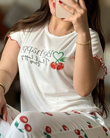 2 Pieces Outfit Letter & cherry Print Short Sleeve Frill Trim Top and Elastic Waist Pants Set Casual Ribbed Pajamas Set