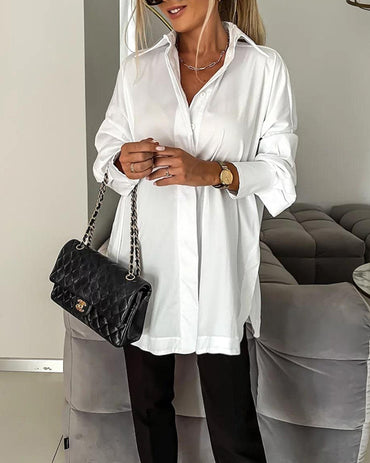 Women's Cotton Oversized Button Down Shirt Long Sleeve Blouse Casual Curved Hem Top
