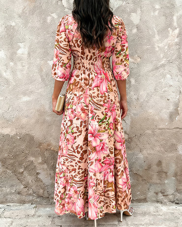 Women's Leopard Floral Print Dress V Neck Three Quarters Sleeve Ruffle Hem Dress Shirred Back A-Line Maxi Vacation Dress