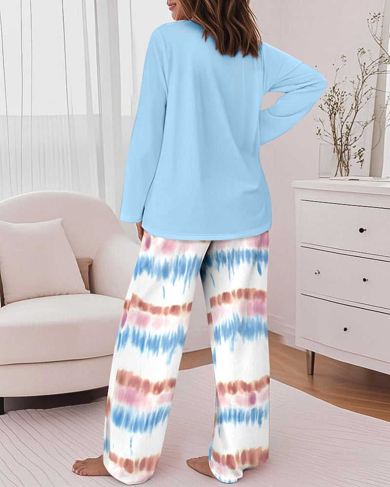 2 Pieces Outfit Letter Placement Print Long Sleeve Drop Shoulder Top and Ombre Loose Fit Pants Set Casual Pajamas Set