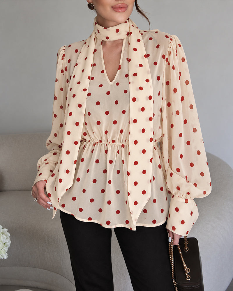 Women's Polka Dot Mock Neck Backless Chiffon Top Lantern Sleeve Blouse with Draped Tie Details