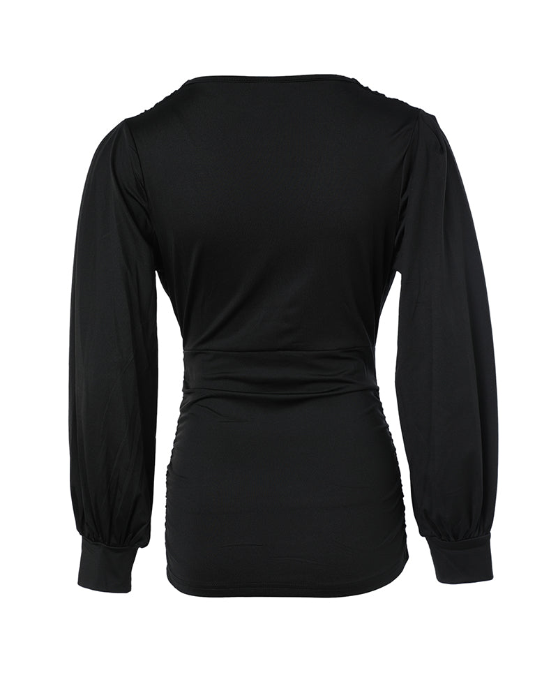 Deep V-Neck Lantern Sleeve Ruched Blouse Casual Slim Fit Top