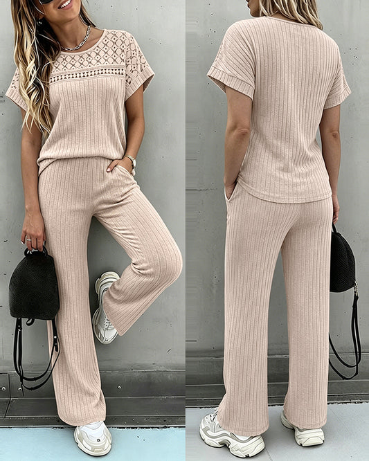 Women's 2 Piece Knit Set Lace Patchwork Short Sleeve Top and Wide Leg Pants Casual Ribbed Brushed Lounge Set