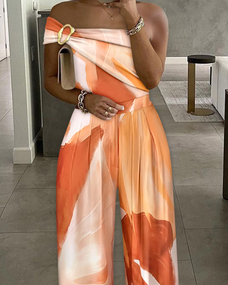 Metal Ring Decor All Over Print One Shoulder Ruched Jumpsuit Casual Pleated Wide Leg Jumpsuit