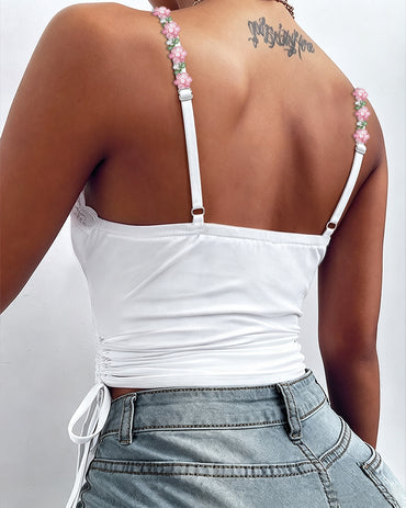 Top corto de encaje con tirantes florales para mujer CHICME, sin mangas, con cordón fruncido lateral y espalda descubierta