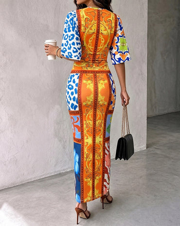 Women's Vintage Baroque Print Maxi Dress Sexy V Neck Ruched Drawstring Bodycon Dress High Slit Party Dress