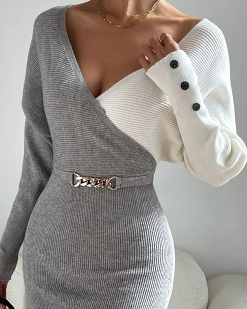 Chain & Button Decor Colorblock V Neck Long Sleeve Knit Sweater Dress Slim Fit Midi Dress
