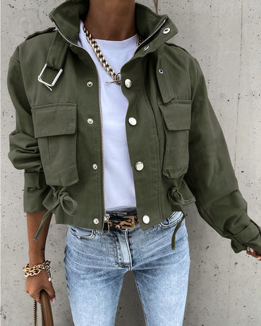 High Neck Zip Up Snap Button Front Flap Pockets Design Cargo Biker Jacket Casual Drawstring Crop Coat