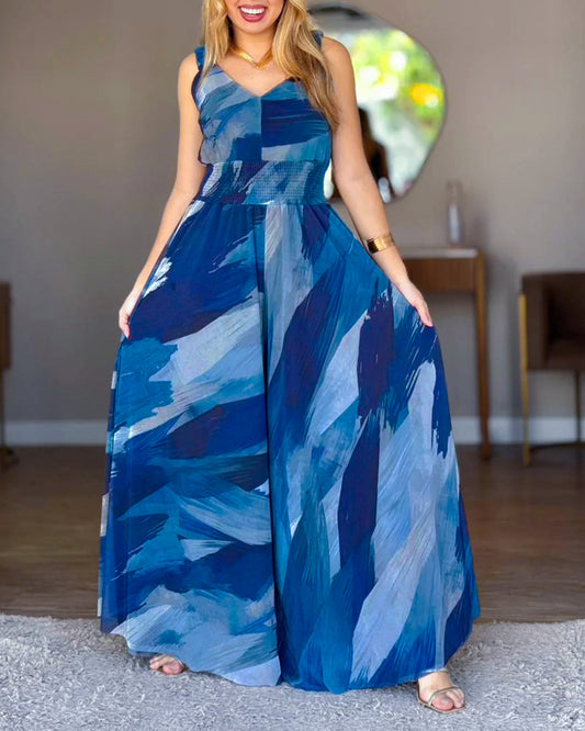 Vintage Abstract Watercolor Print V-Neck Stretchy Thick Straps High Waist Backless Overalls Casual Shirred Waist Cinched Waist Wide Leg Jumpsuit