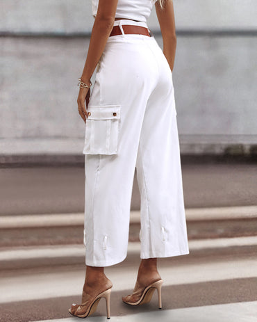 Women's Pockets Design Cargo Pants Casual High Waisted Trousers with Contrast Belt