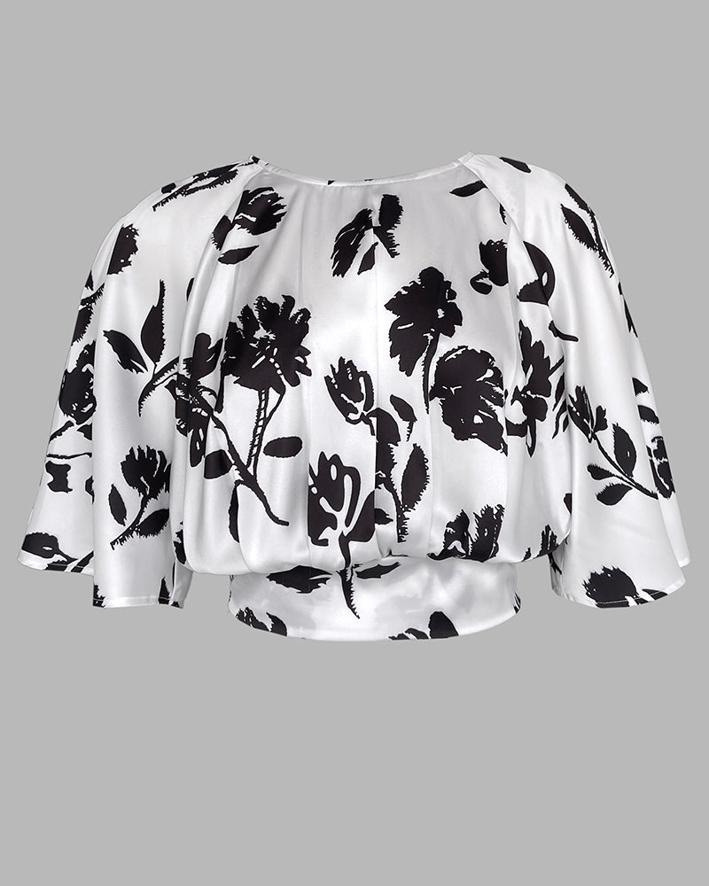 2 Pieces Outfit Colorblock Floral Print Bell Sleeve Hollow-out Back Shirred Back Hem Top and Casual A-line Skirt Set with Belt