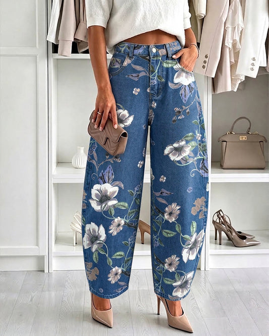 Women's Vintage Floral Printed Baggy Denim Pants Casual High Waisted Cropped Barrel Jeans