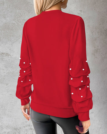 Keyhole Neck Long Sleeve Pullover Top Beaded Hollow Out Blouse Top