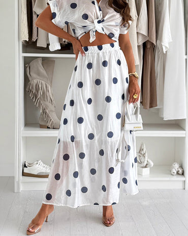2 Pieces Outfit Turn-down Collar Short Sleeve Rolled Cuffs Button Front Shirt and Elastic Waist Skirt Set Casual Polka Dot Print Set with Lining