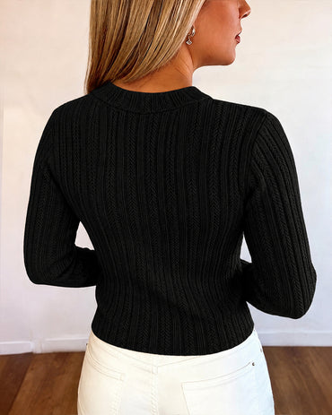 Women's Gold Button Crew Neck Textured Knit Long Sleeve Top