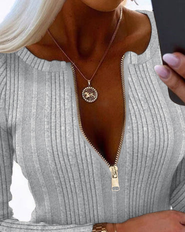 Crewneck Long Sleeve Ribbed Top Half Zipper Design Casual Pullover Tops