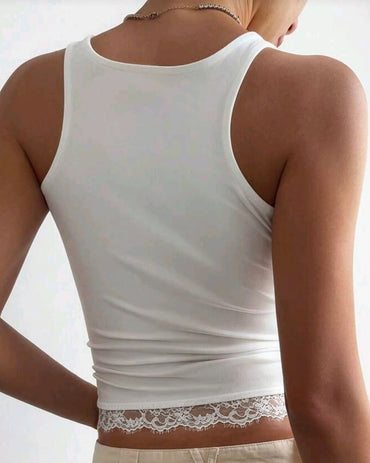 Women's French Lace Trim Tank Top Slim Fit Sleeveless Camisole V-Neck Stretchy Base Layering Top