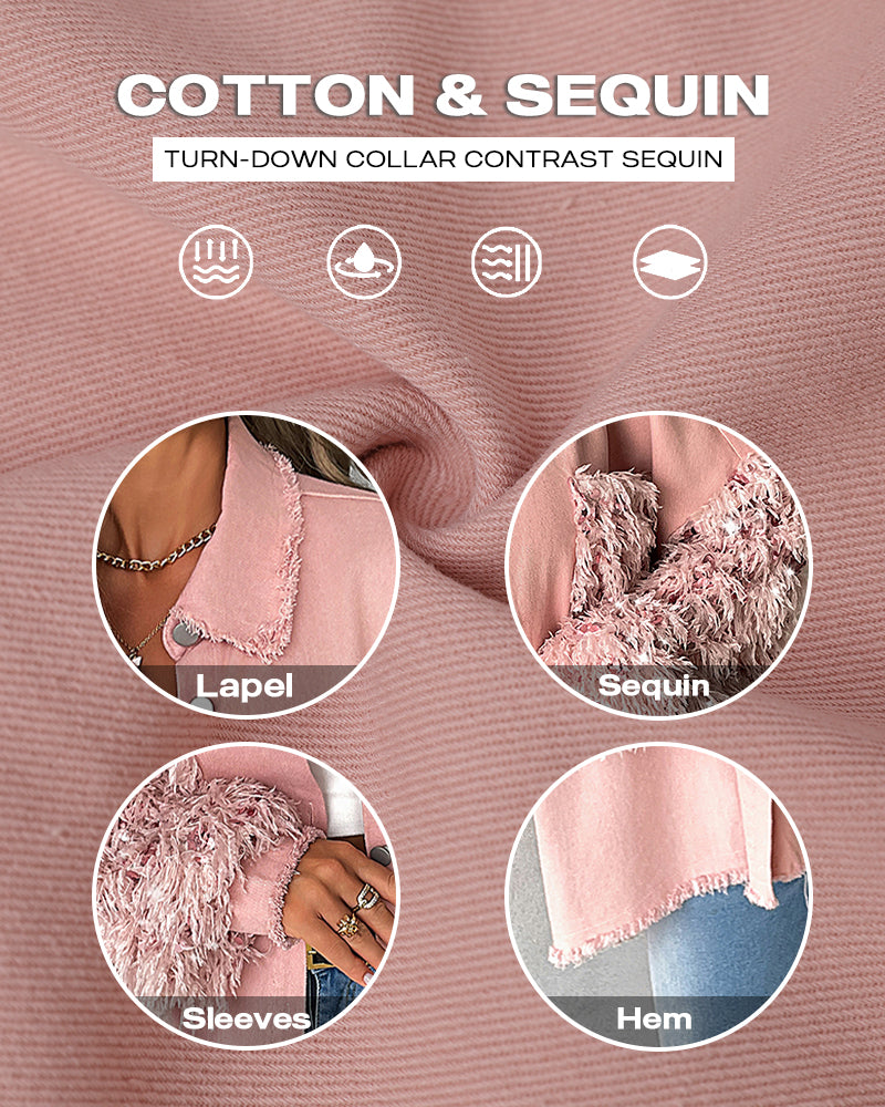 Sequin Decor Turn-down Collar Button Front Pockets Design Denim Coat Casual Fuzzy Spliced Raw Trim Shacket