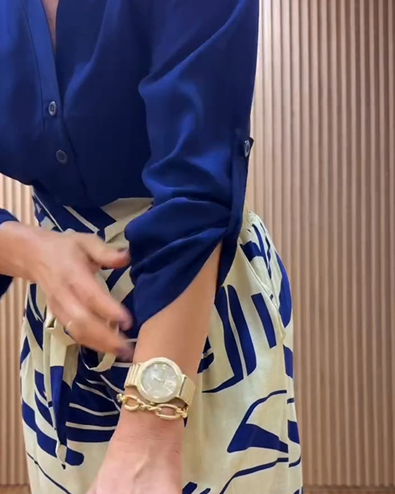 2 Piece Outfit Stand Collar Long Sleeve Blouse and Casual Floral Print Wide Leg Pants Set with Pockets