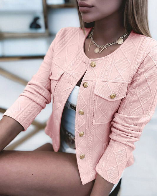 Women's French Style Cropped Jacket Round Neck Gold Button Coat Argyle Cable Jacquard Knit Outerwear