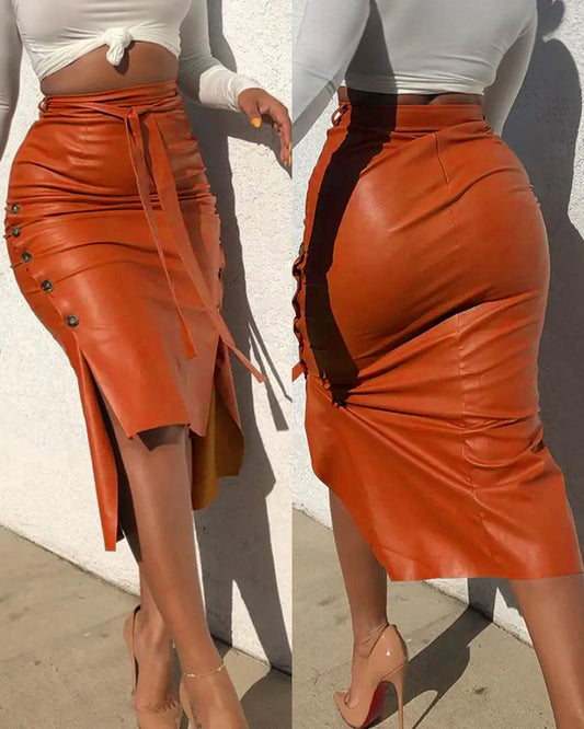High Waisted Belted Pu Leather Pencil Skirt Side Button Split Work Midi Skirt
