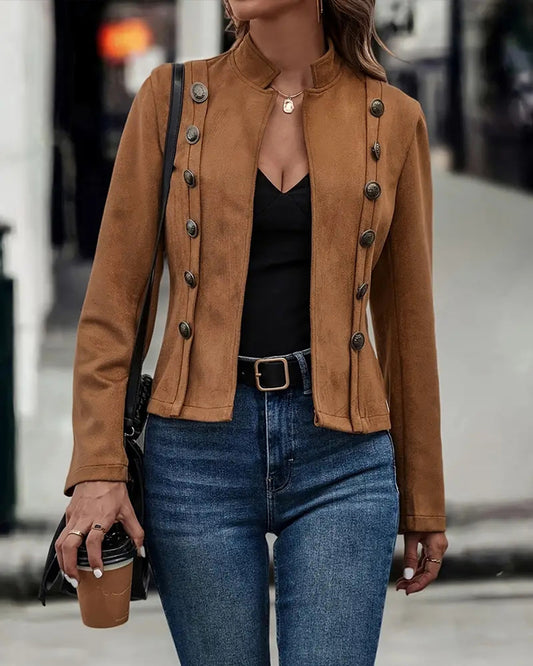 Faux Suede Stand Collar Jacket Open Front Button Decor Casual Coat