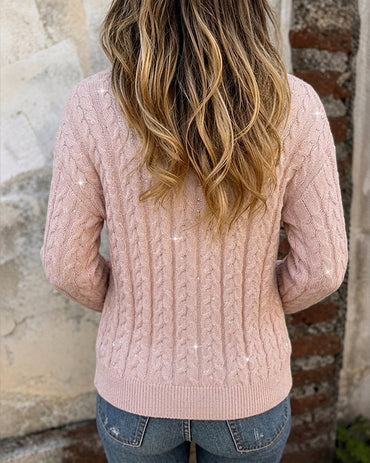 Women's Sequin Cable Knit Cardigan V Neck Button Down Slim Fit Long Sleeve Sweater