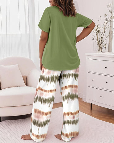 Ensemble pyjama 2 pièces, haut à manches courtes et col rond avec lettres imprimées, taille élastique, coupe ample, pantalon décontracté