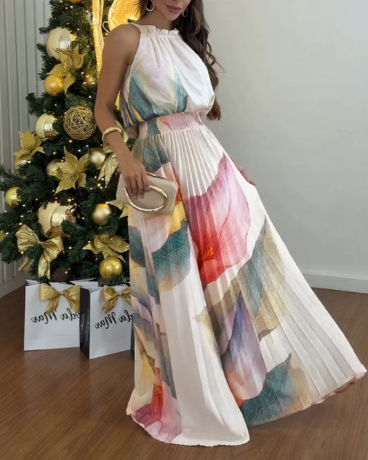 Floral Print Frill Trim Halter Sleeveless Shirred Waist Maxi Dress Elegant Adjustable Spaghetti Straps Cinched Waist Pleated Dress