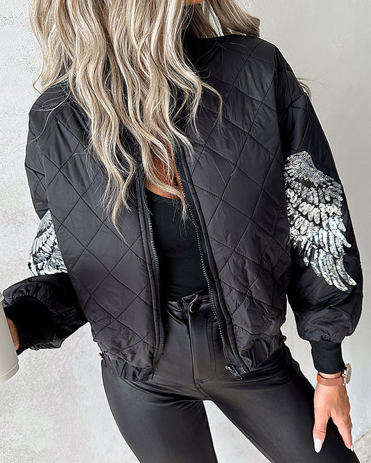 Sequin Wings Decor Argyle Pattern Baseball Collar Zip Up Jacket Casual Stretchy Hem Crop Padded Coat