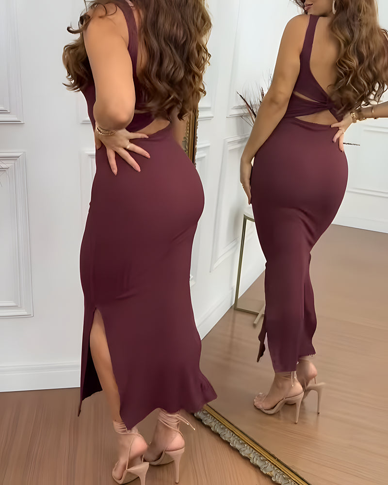 U-Neck Sleeveless Backless Twist Back Side Slit Knit Dress Slim Fit Versatile Ribbed Maxi Tank Dress