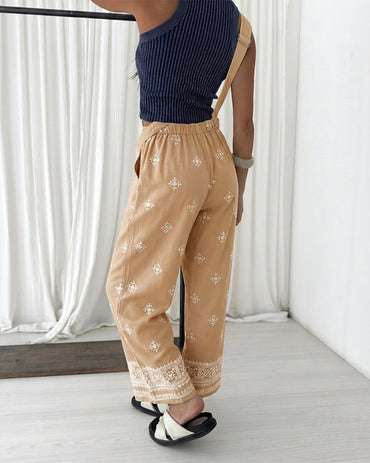 Vintage Embroidered Tribal Pattern Adjustable Straps Elastic Back Waist Suspender Jumpsuit with Front Bib Pocket